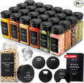 EDELHAUS Glass Spice Jars with Label and Black Rotating Lids (24 x 4oz) Spice Containers with 240 Labels, Shaker Inserts, Steel Funnel, Empty Square Containers