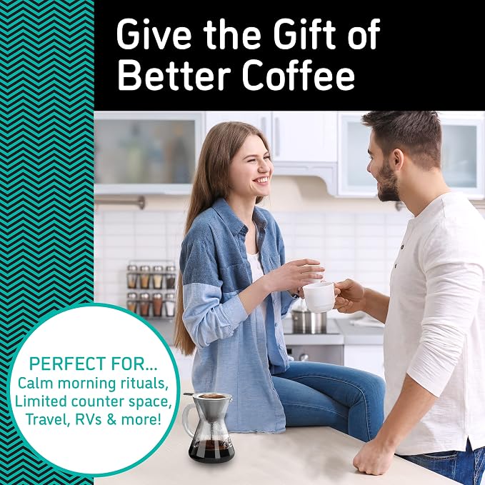 Coffee Gator Pour Over Coffee Maker - 14oz High Heat Borosilicate Glass with Reusable Stainless Steel Filter, Drip Coffee Brewer Pourover Dripper Set Carafe, 400ml Clear