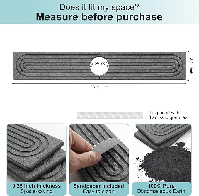 Faucet Mat for Kitchen Sink, Diatomite Fast Drying Stone Sink Tray, Super Absorbent, Prevents Moisture Buildup - Faucet Splash Guard for Bathroom Counter, Kitchen [Dark Grey, 23.6" x 3.9"]