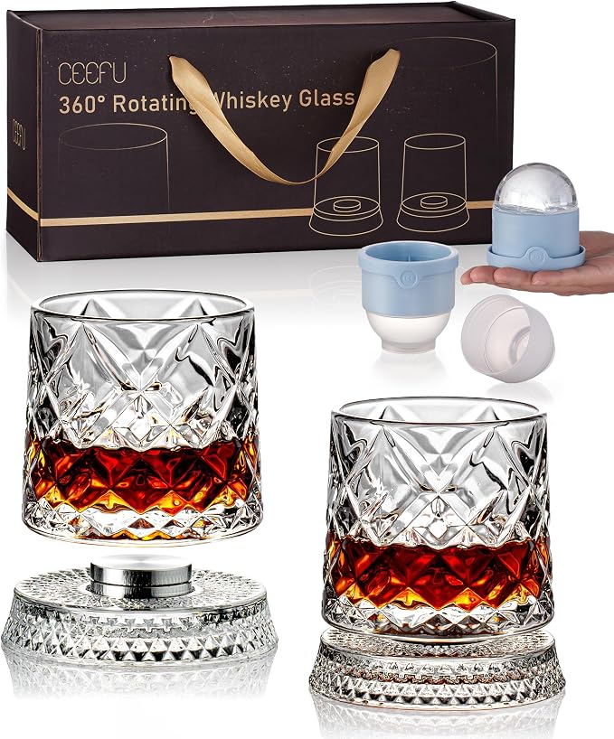 CEEFU Old Fashioned Whiskey Glasses with 360° Rotating Base, Set of 2 (2 Crystal Glasses Set, 2 Big Ice Ball Molds) In Gift Box - Bourbon, Cocktail, Rocks, Bday Gifts Ideas for Men, Ice Crackle