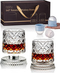 CEEFU Old Fashioned Whiskey Glasses with 360° Rotating Base, Set of 2 (2 Crystal Glasses Set, 2 Big Ice Ball Molds) In Gift Box - Bourbon, Cocktail, Rocks, Bday Gifts Ideas for Men, Ice Crackle