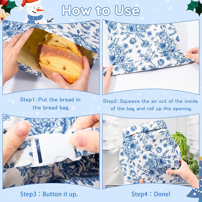 Reusable Beeswax Bread Bags - 2 Pack Bees Wax Homemade Sourdough Bread Storage Bags, Linen Cotton Large Beeswax Freezer for Home Kitchen Baking (Blue White Checkered, Flower)
