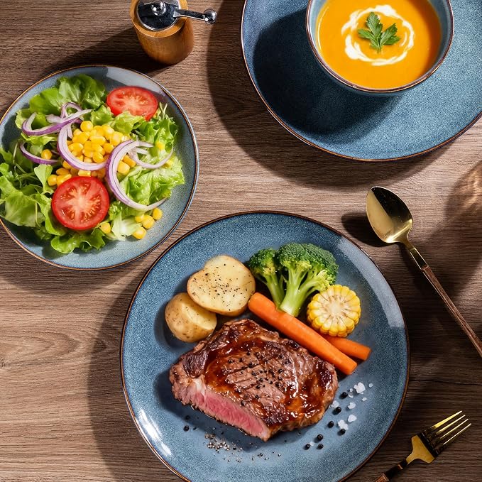 GBHOME 24 Pieces Double Bowls Dinnerware Sets for 6, Stoneware Plates and Bowls Set with Reactive Glaze, Scratch Resistant Stoneware Dishes Set, Dishwasher & Microwave Safe