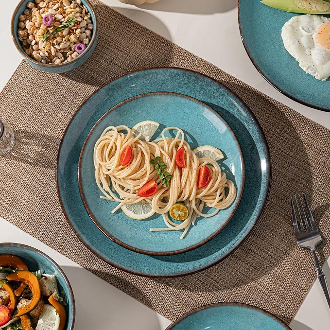 16 Piece Dinnerware Sets for 4， Scratch Resistant,microwave oven and Dishwasher Safe Plates and Bowls Sets Ceramic, Dish Set, Bowl and Plate Set -Kiln turned sea blue
