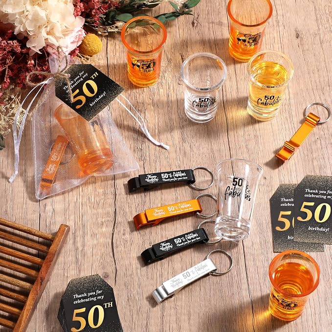 Domensi 50 Sets 50th Birthday Party for Guests Bulk Include Cheers to 50 Short Glasses Beer Bottle Opener Keychains Thank You Cards with Gift Bags and Ropes for Birthday Party Gifts