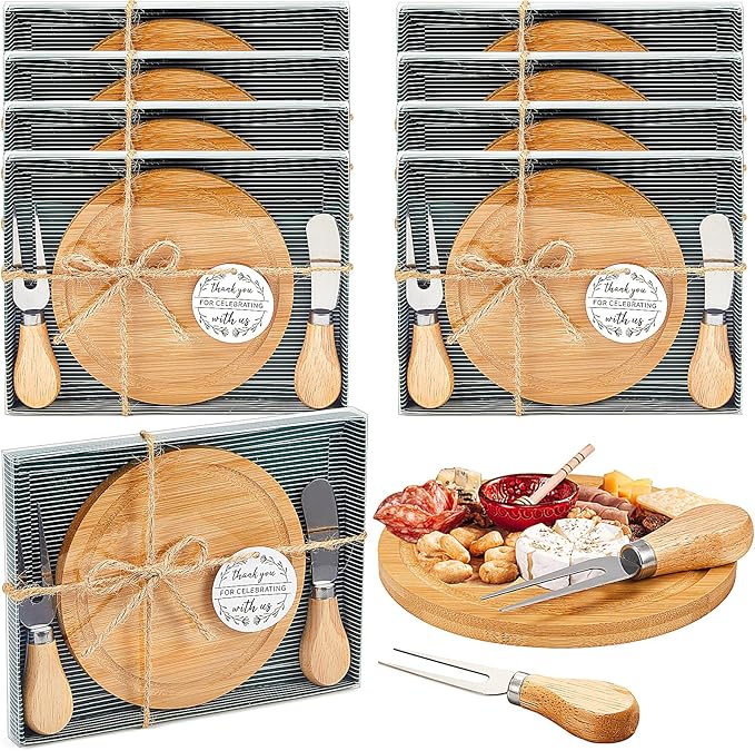 Maxcheck 8 Sets Baby Shower Bridal Game Prizes for Winners Round Cheese Board Set Wood Mini Charcuterie Board with Knives and Forks Thank You Card with Gift Box for Guests Wedding (Bamboo)