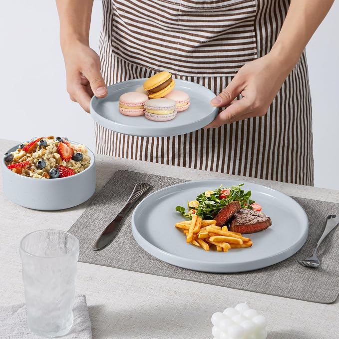 E-far Dinnerware Sets with Pasta Bowls, 24-Piece Stoneware Plates and Bowls Sets for 6 | Microwave & Dishwasher Safe Kitchen Modern Dish Set, Speckled Gray