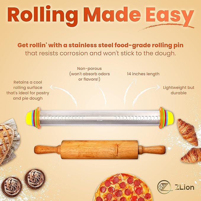 Zlion Rolling Pin with Thickness Rings – Stainless Steel and Corrosion-Resistant Adjustable rolling pin Dough Roller Pins for Baking Pizza, Pastry, Fondant, Pasta, Cookie