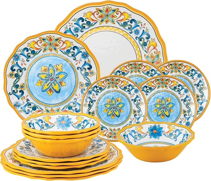 UPware 16 Piece Chianti Melamine Dinnerware Sets, Outdoor Dishes Set, Plates and Bowls Sets, Service for 4, Multicolor