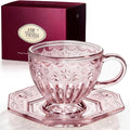 Handcrafted Vintage Glass Coffee Cup and Saucer Set, 12 oz Large Tea Cup with Octagonal Saucer for Coffee, Latte, Tea, Gift for Women, Microwave & Dishwasher Safe, Rose Mist Pink