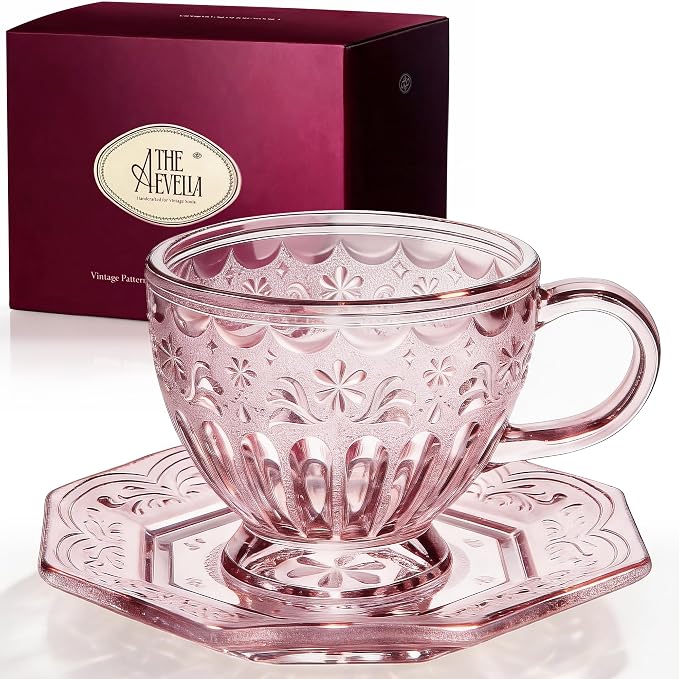 Handcrafted Vintage Glass Coffee Cup and Saucer Set, 12 oz Large Tea Cup with Octagonal Saucer for Coffee, Latte, Tea, Gift for Women, Microwave & Dishwasher Safe, Rose Mist Pink