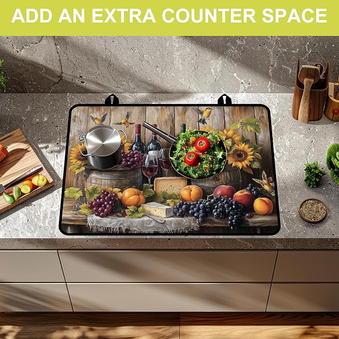 Glass Stove top Cover 28"x 20", Stove Top Covers for Electric Stove, Flat Range Mat for Glass Cooktop, Kitchen Heat-Resistant Protector Non-Slip Drying Mat (Fruits and Sunflower)