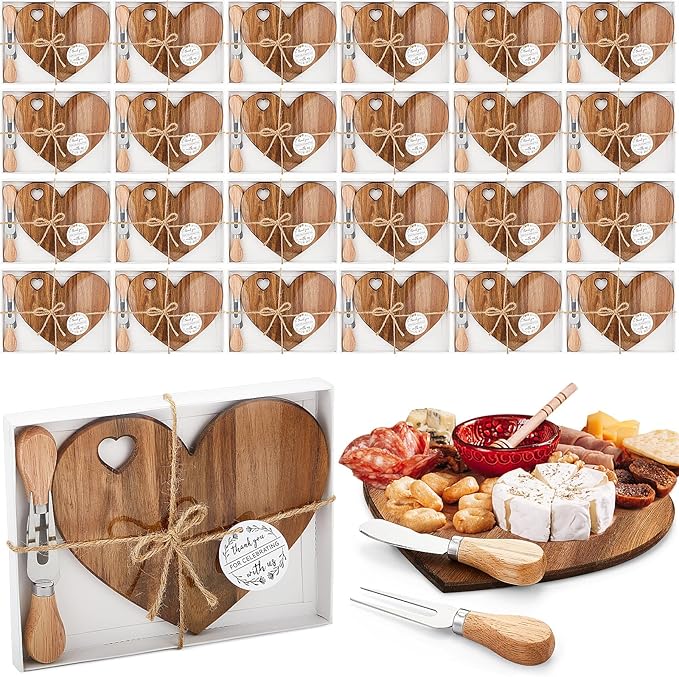 Patelai 24 Set Bridal Baby Shower Favor Heart Cheese Board with Knife, Wood Mini Charcuterie Board Thank You Gift Box for Guest Bridal Baby Shower Prize Wedding Valentines Birthday (Acacia Color)