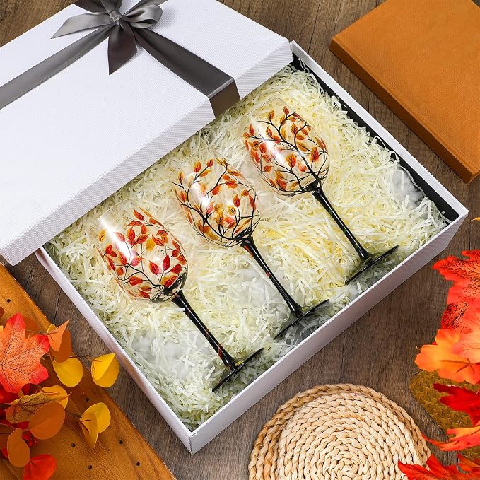 SiliFine 2 Pcs Autumn Fall Leaves Theme Party Stemmed Wine Glasses Hand Painted Drinking Cup Wine Glasses Gifts for Birthday Theme Holiday Party Supplies