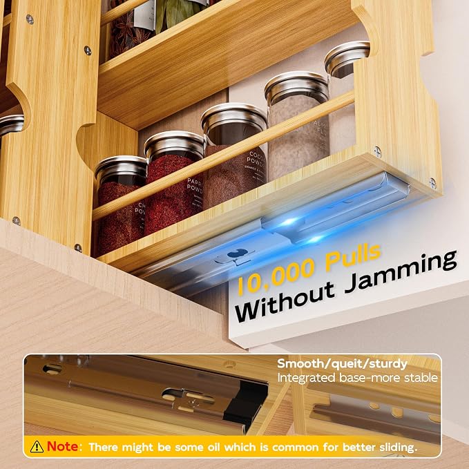 Jolitac Bamboo Pull Out Spice Rack for Cabinet, Slide Out Drawers | 1.85" Wide Drawers, Space-Saving Vertical Organization, Easy to Install, 9.1" Wide, 3 Drawers, 2-Tier