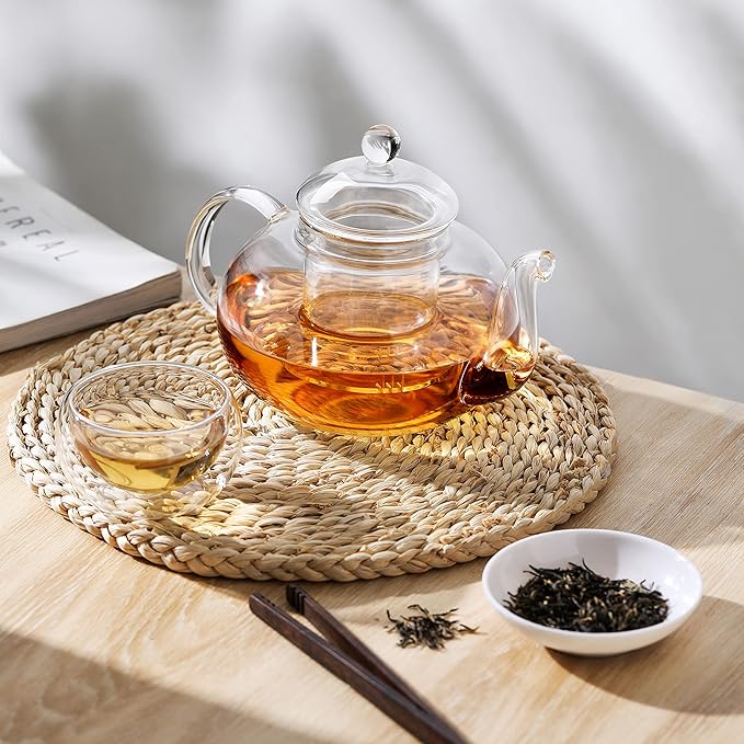 CnGlass 20.3oz Glass Teapot Stovetop Safe and 12oz (2-pack) Double Wall Glass Mugs