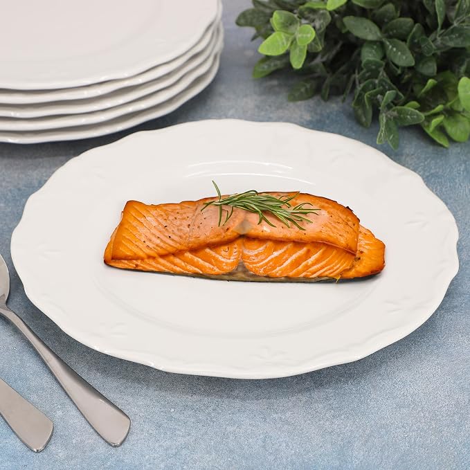 Elama Henryi 6 Piece Embossed Rim Detail Porcelain White Dinner Plate Set, Tableware Set, Serveware (6 Pc Dinner Plate)