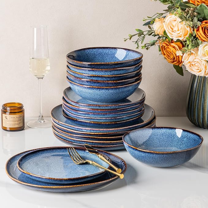GBHOME Stoneware Dinnerware Sets for 6, 18 Pieces Rustic Earthenware Plates and Bowls Set, Handmade Reactive Glaze Ceramic Plate Sets, Chip Resistant Dishes, Microwave & Dishwasher Safe, Sea Blue