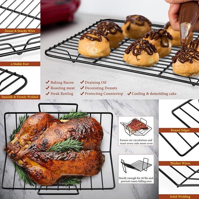 E-far Roasting Pan with Racks, Large Stainless Steel Turkey Roaster with V-Shaped & Cooling Rack for Oven, 16 Inch Nonstick Deep Broiler Pan with Handles for Baking Chicken Lasagna Meat, Heavy Duty