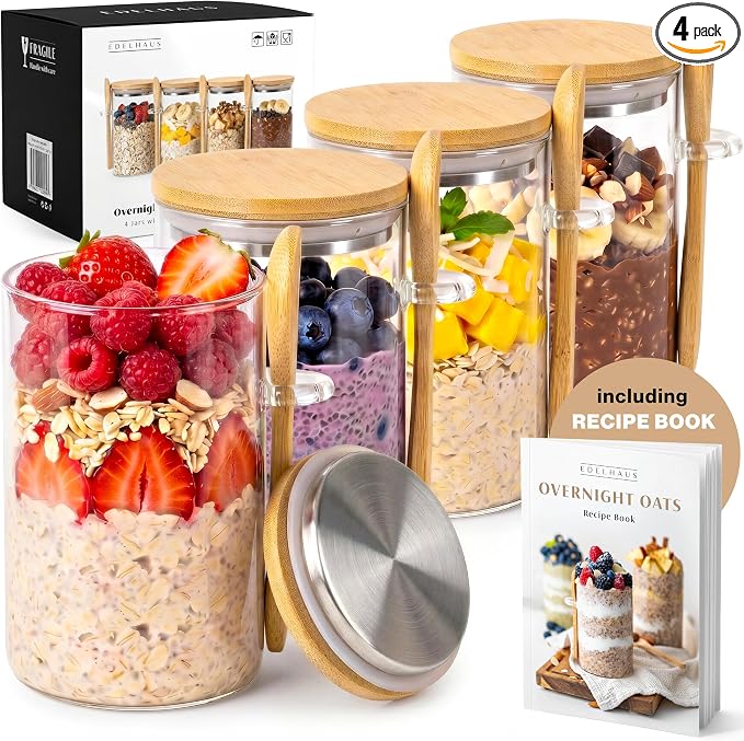 Overnight Oats Containers with Lids, Labels & Spoons (4 x 16oz) Glass Jars for Oatmeal, Meal Prep, Food Storage | Leak-Proof Mason Jars for Oats, Cereal, Yogurt, Chia Pudding [Thicker Glass 3mm]