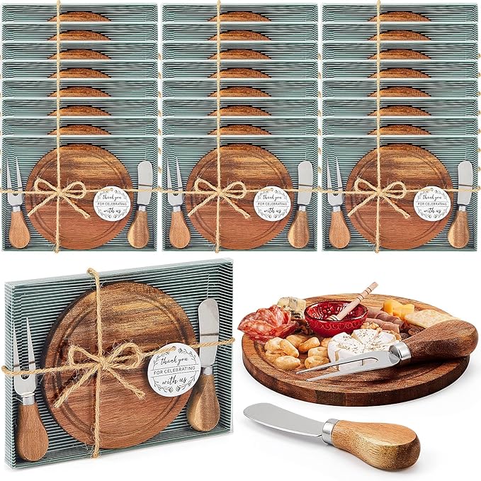 Maxcheck 24 Sets Baby Shower Bridal Game Prizes for Winners Round Cheese Board Set Wood Mini Charcuterie Board with Knives and Forks Thank You Card with Gift Box for Guests Wedding (Acacia)