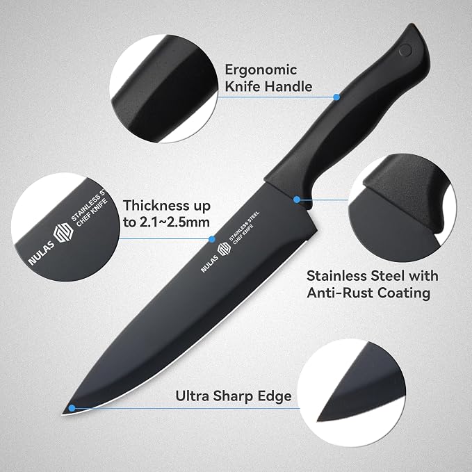 15-Piece Kitchen Knife Block Set with Built-in Sharpener, Upgraded Non-Stick Coating Blades, Ergonomic Handles, Dishwasher Safe, Black