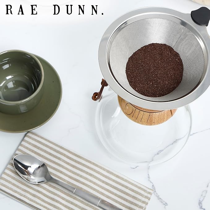 Rae Dunn Glass Pour Over Coffee Maker, 34oz Carafe with Reusable Stainless-Steel Filter and Elegant Bamboo Finish, Great for Brewing Coffee