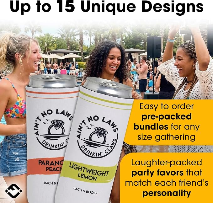 Funky Junque Bachelorette Party Favors Slim Can Cooler, Funny Bridesmaid & Bride Gifts for Girls Trip, Bridal Shower Decorations & Accessories, 12 oz Skinny Can Covers - Ain't No Laws - 12 Pack
