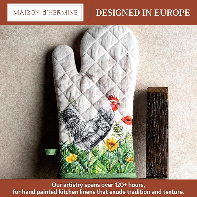 Maison d'Hermine Oven Gloves 100% Cotton Oven Mitt 7" x 13" with Loop Heat Resistant BBQ Cooking Gloves Baking Grilling Gifts for Mothers Day Spring/Summer (Pack of 1, Basse Cour)