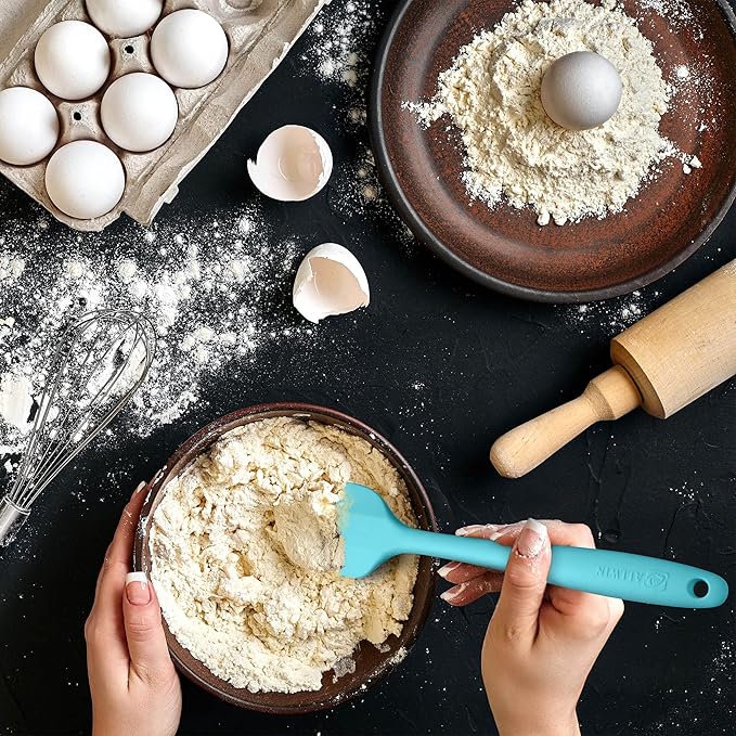 Silicone Spatula 3‑Piece Set Heat Resistant 600°F Non‑Stick Rubber Spatulas with Stainless Steel Core ALLWIN HOUSEWARE Large Spatula, Spoonula & Mini Spatula for Cooking & Baking, Macaron Blue