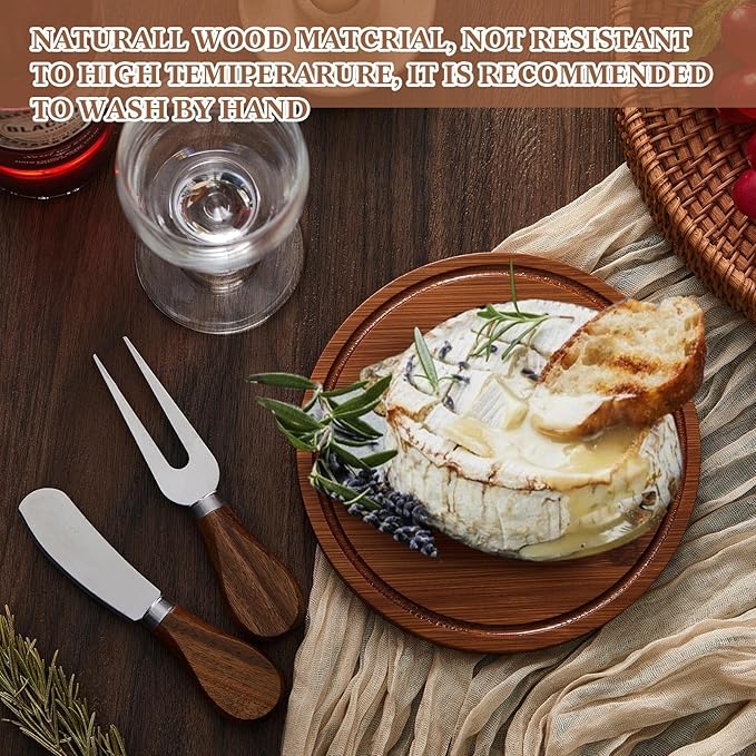 Maxcheck 1 Set Baby Shower Bridal Game Prizes for Winners Round Cheese Board Set Wood Mini Charcuterie Board with Knives and Forks Thank You Card with Gift Box for Guests Wedding (Carbonized bamboo)
