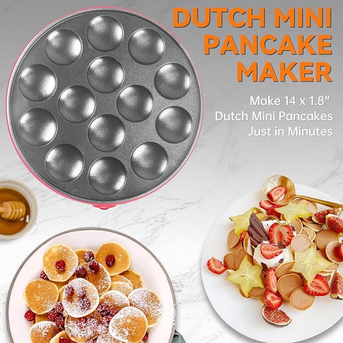 Baker's Friend Mini Pancakes Maker Machine, Dutch Mini Pancake Griddle, 14 Holes Electric Poffertjes Pan, Ideal for Breakfast, Snacks, Desserts & More, Red
