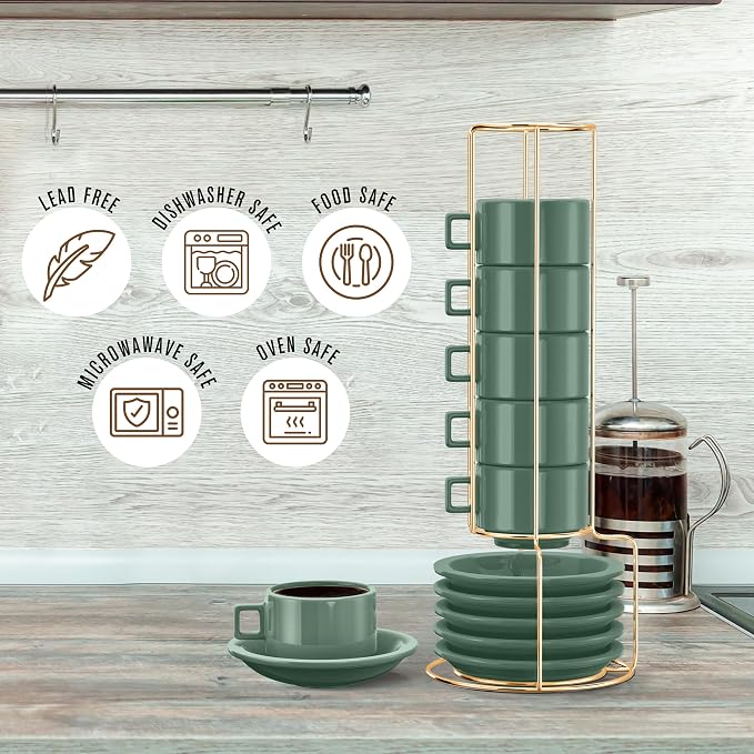 Houseables Espresso Cup Set, Espresso Cups Stackable, Expresso, Demitasse, with Saucers, Stand, Spoons, Coffee Mugs, Juego De Tazas Para Cafe, Porcelain, Stacking, 19 Pieces, Set of 6, 2.5 oz, Green