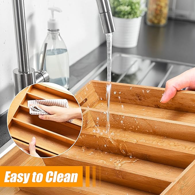 Bellsal Silverware Organizer 2 PIECE with grooves Kitchen Drawer Organizer Expandable Bamboo Utensil Holder Cutlery Tray for Kitchen Utensil and Flatware