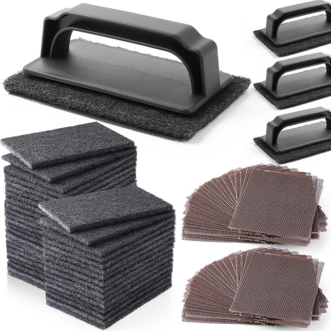 Reallnaive 155 Pcs Griddle Cleaning Kit Screen Holder Grill Screens Cleaning Pads Heavy Duty Abrasive Mesh Pads for Flat Tops, Cast Iron, Stainless Steel Griddle Cleaner Accessories Bundle (Black)