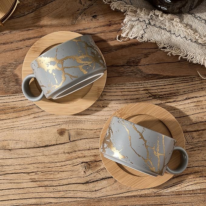 LUKA 6 Ounce Porcelain Stackable Espresso Cups with Saucers and Metal Stand Set of 4, Ceramic Cappuccino Cups Set for Specialty Coffee Drinks, Latte, Cafe Mocha and Tea, Gray