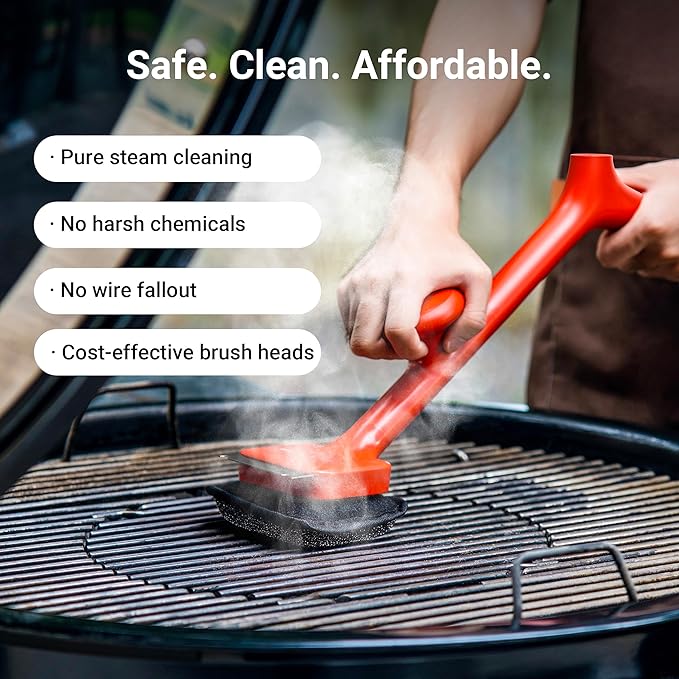 ThermoMaven Bristle-Free BBQ Grill Brush - No Wire Risk Steam Cleaner Removes Burnt Grease Fast - 17" Cool-Touch Handle, Scraper & 3 Replaceable Heads for Gas, Charcoal & Cast Iron
