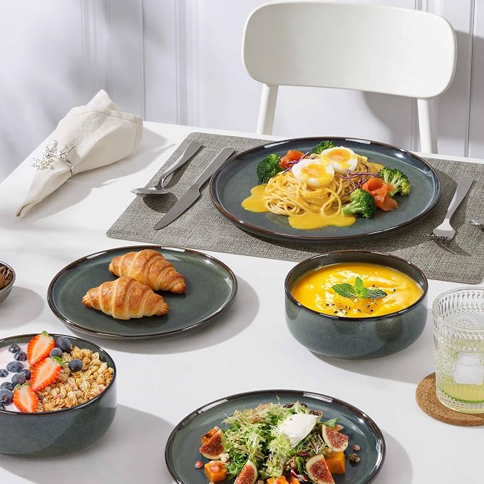 Herogo 6 Pieces Stoneware Dinnerware Set Service for 2, Dinner Plates and Bowls Sets, Double Reactive Glaze Dishes Set for Kitchen, Scratch Resistant, Microwave & Dishwasher Safe, Moss Green