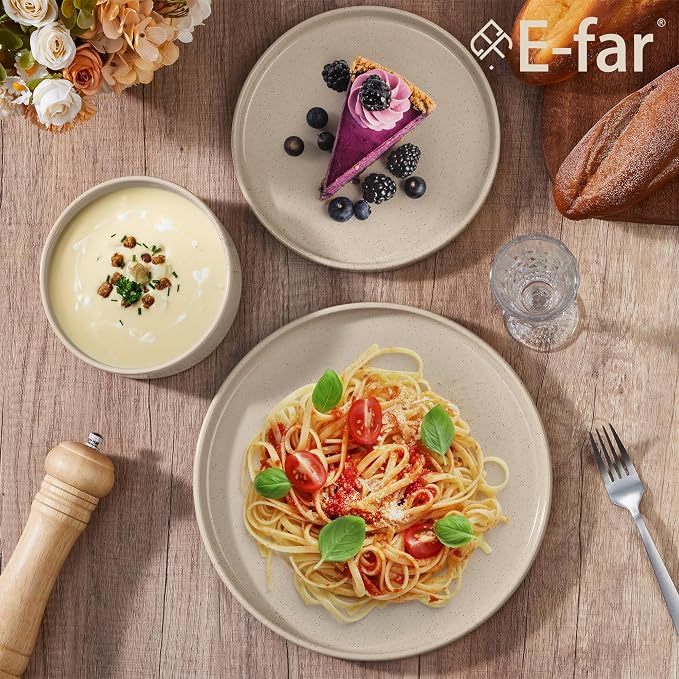 E-far 6-Piece Stoneware Dinnerware Sets, Plates and Bowls Set for 2, Kitchen Modern Dishes Set for Everyday & Formal, Chip and Scratch Resistant, Microwave & Dishwasher Safe, Speckled Khaki