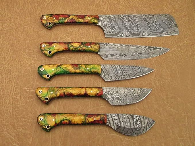 5 pieces Damascus steel kitchen knife set with gift box, Camouflage scale, Overall 45 inches Length of Damascus sharp knives (10.6+9.6+9.0+8.0+7.6) Inches, includes a gift box (Camouflage Orange)