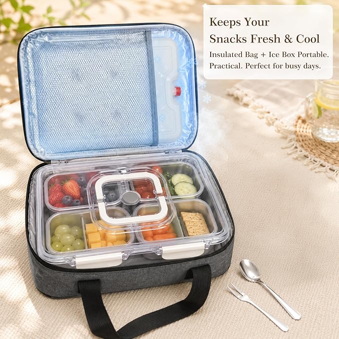 Snackle Box Container with Ice Pack, 304 Stainless Steel Snackle Box Set | 7-piece set, stainless steel, ice pack, insulated bag, fork & spoon, customizable divider system, flexible configuration