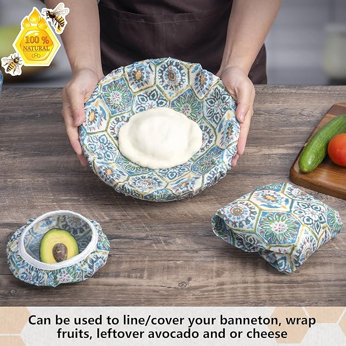 Beeswax Bowl Covers Set of 5 (XS–XL) – Reusable Elastic Food Covers for Bowls – Organic Cotton with Beeswax, Washable & Plastic-Free | Li’l Things - Suzani