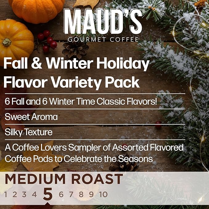 Maud’s Holiday & Fall Flavored Coffee Pods Variety Pack Bundle, 48ct, 11 Assorted Seasonal Flavors, Medium Roast Coffee in Single Serve Pods 100% Arabica Coffee, Compatible with Keurig K Cups Maker