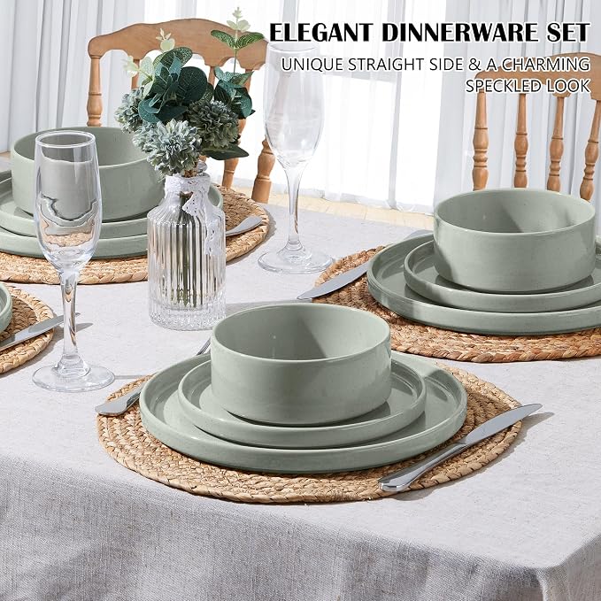 E-far 6-Piece Stoneware Dinnerware Sets, Plates and Bowls Set for 2, Kitchen Modern Dishes Set for Everyday & Formal, Chip and Scratch Resistant, Microwave & Dishwasher Safe, Speckled Green