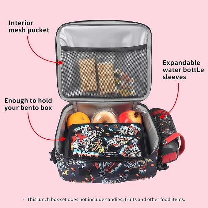 rockpapa Kids Lunch Box Set with 14oz Insulated Water Bottle & Lunch Bag, Leakproof 5.5 Cups Bento Box for School & Children, BPA-Free, Microwave Safe for Boys Girls (Black Dinosaur)
