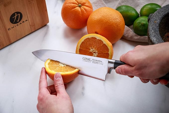 GINSU Chikara Series 12-Piece Japanese Kitchen Knife Set - Premium 420J Stainless Steel Cutlery Set with Bamboo Block, Perfect for Any Table or Dining Room, Includes Steak Knives – Black