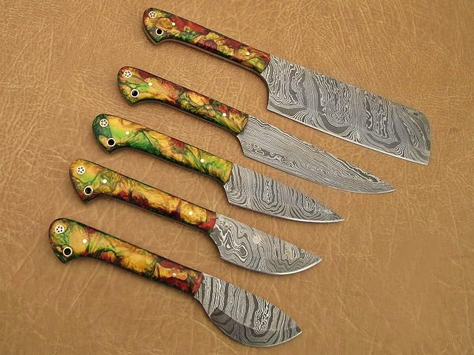 5 pieces Damascus steel kitchen knife set with gift box, Camouflage scale, Overall 45 inches Length of Damascus sharp knives (10.6+9.6+9.0+8.0+7.6) Inches, includes a gift box (Camouflage Orange)
