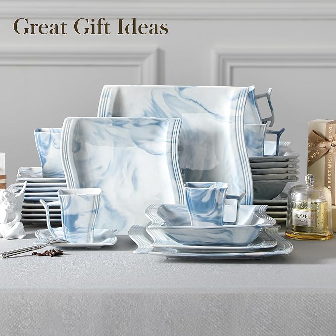 MALACASA Dinnerware Sets for 6, 30 Piece Porcelain Plates and Bowls Sets, Square Dish Set with Dinner Plate and Bowl, Cup and Saucer, Blue Dishes Dinnerware Set, Modern Dishware Sets, Series Flora