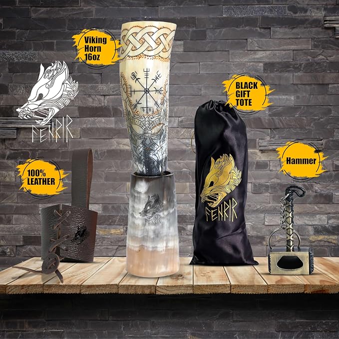 FENRIR Viking Drinking Horn With Stand & Thor Bottle Opener | Norse Medieval Authentic Ox Horn for Ale, Mead, Whiskey | Unique Gifts for Men & Women | 16-20 oz Odin & Vegvisir