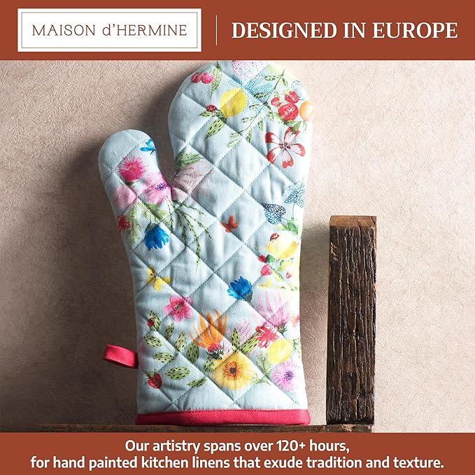 Maison d'Hermine Oven Gloves 100% Cotton Oven Mitt 7" x 13" with Loop Heat Resistant BBQ Cooking Gloves Baking Grilling Gifts for Mothers Day Spring/Summer (Pack of 1, Jardin D'Ete - Mint)